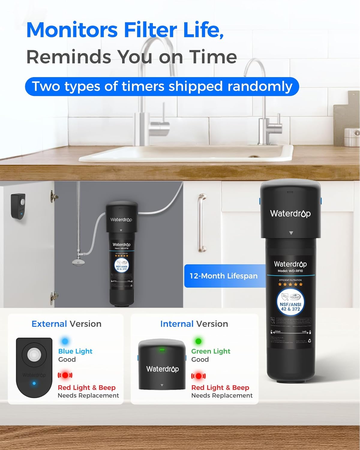 Waterdrop 10UB Under Sink Water Filter System, With Extra RF10 Water Filter