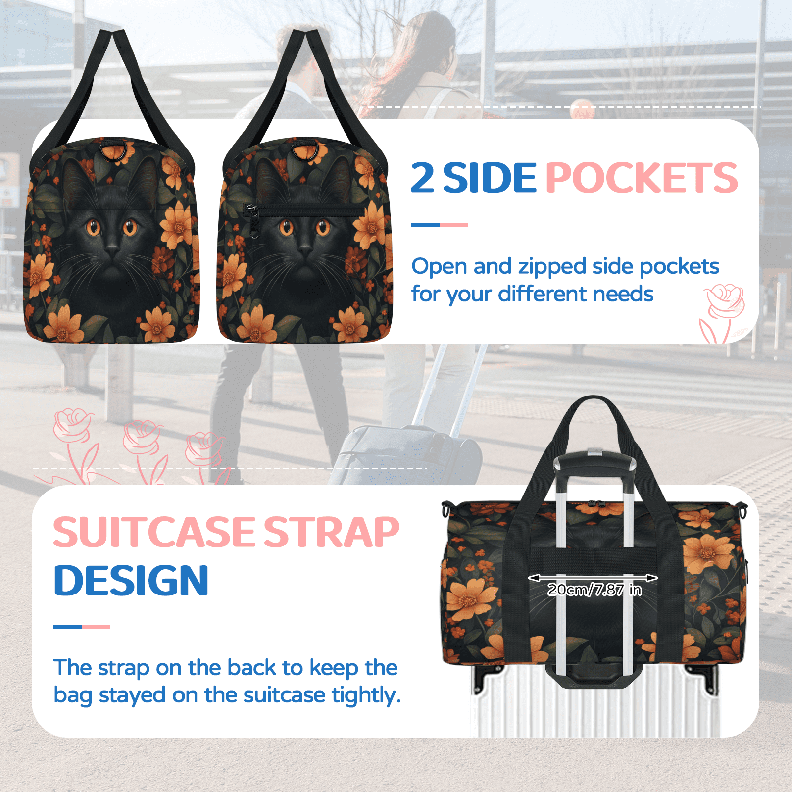 Herdesigns Black Cat Gym Bag for Women, Cute Cat Duffle Bag for Travel Sport, Lightweight Waterproof Carry on Weekender Overnight Dance Yoga Workout Bags