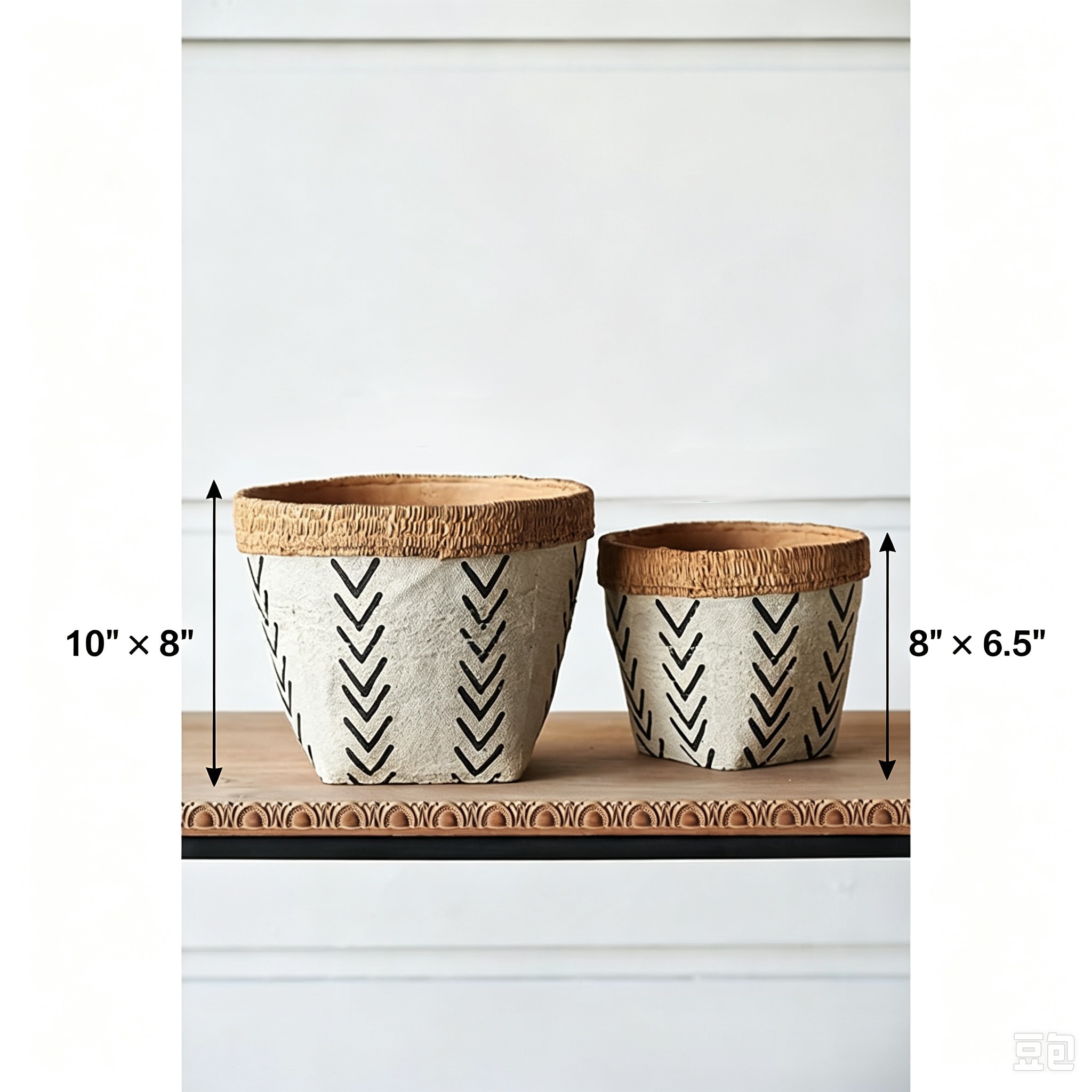 Set of 2 White and Brown Cement Planters with V Pattern, L:D10x8" S:D8x6.5"