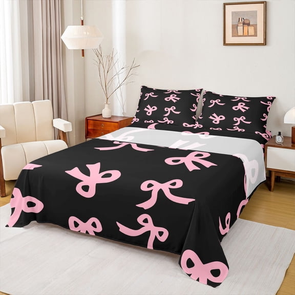 Feelyou Black Pink Bow-tie Teens Twin Sheet Sets, Cute Princess Bedding, 3 Pieces