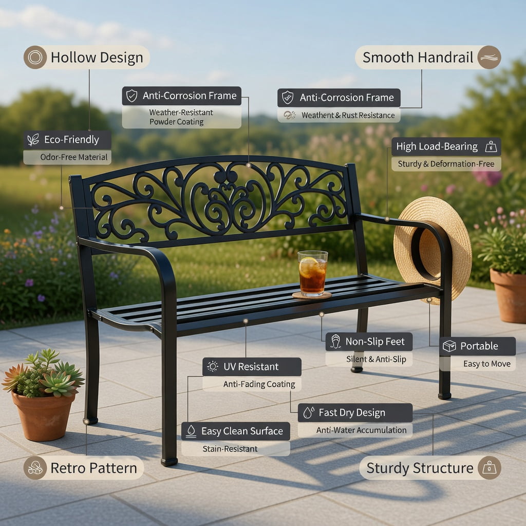 Hommoo 50" Outdoor Steel Frame Bench with Cast Iron Mesh Backrest, Heavy-Duty Patio, Garden & Deck Seating, Black