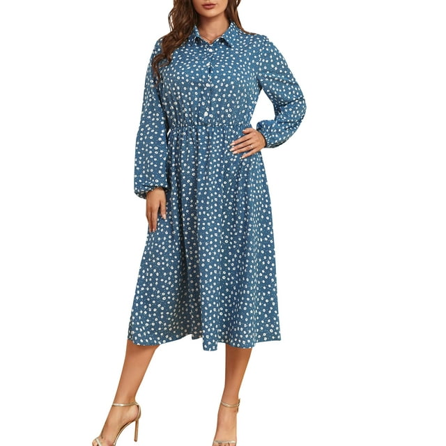 Vestido de talla grande para mujer Vestido informal con estampado floral de manga larga Romacci Vestido