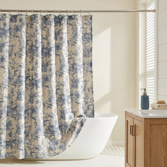 Farmhouse Blue Floral Shower Curtain with 12 Clear Rings – Vintage Cottagecore Fabric Curtain for Bathroom 72"W x 72"L