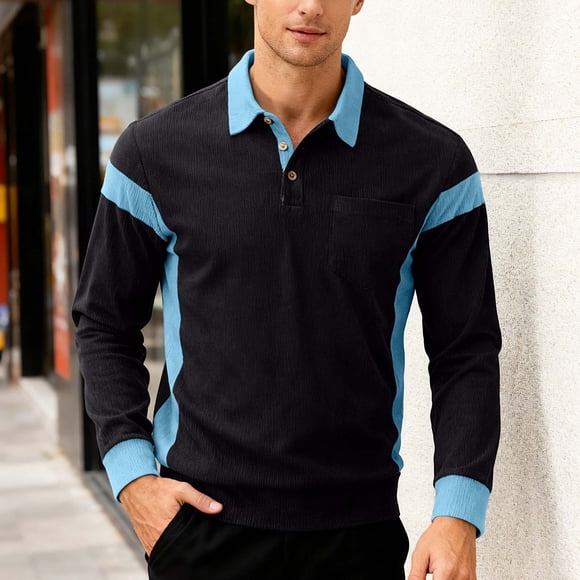 Polo pour Homme Adulte à Manches Longues, T-Shirt Polo à Boutons, Basique, Vêtements Noirs pour Hommes