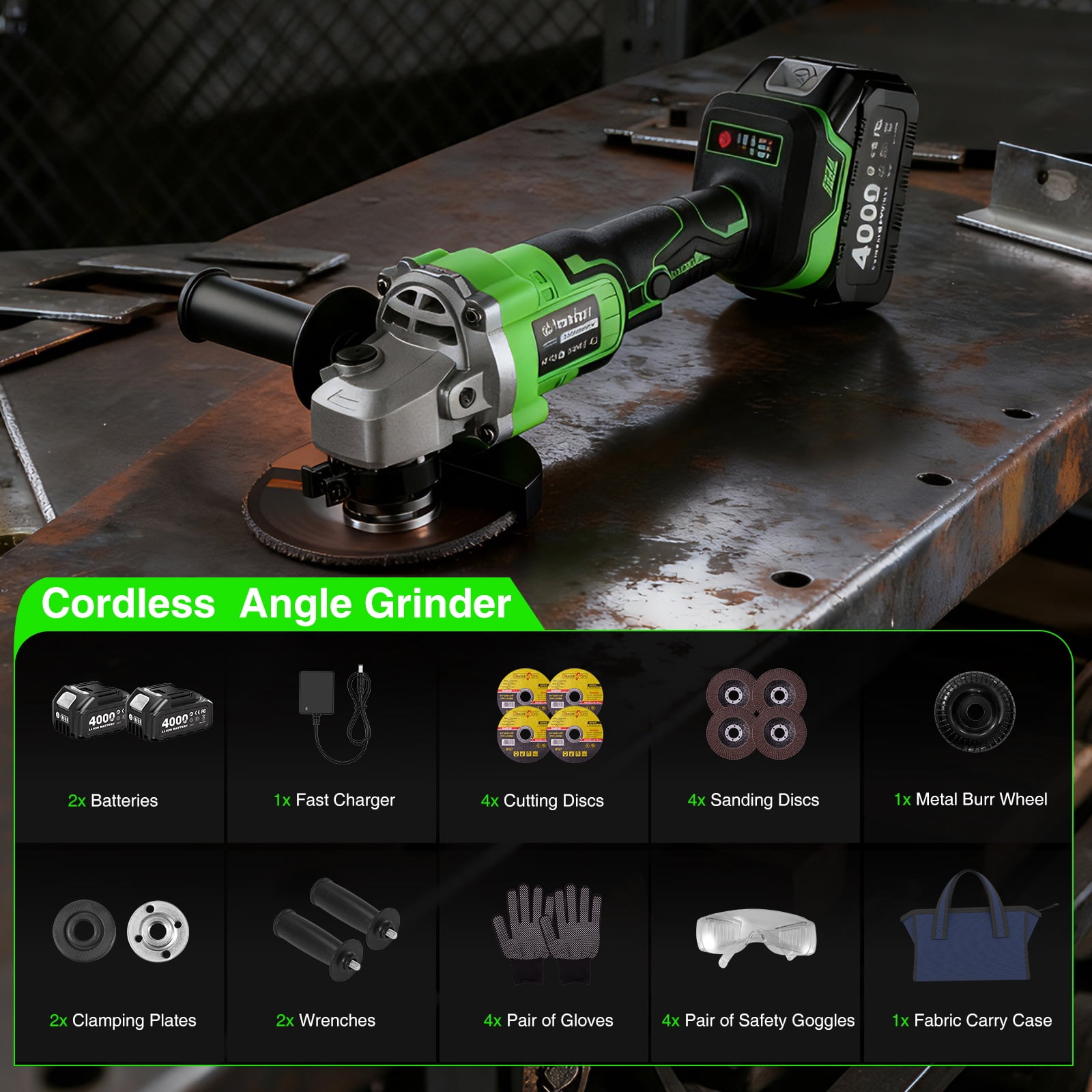 TaskStar 21V Cordless Angle Grinder, 2x4.0Ah Battery &  Charger, 10000RPM Brushless Motor, Power Angle Grinder with Cutting & Grinding Wheels, Flap Discs for Wood Metal & Rust Removal