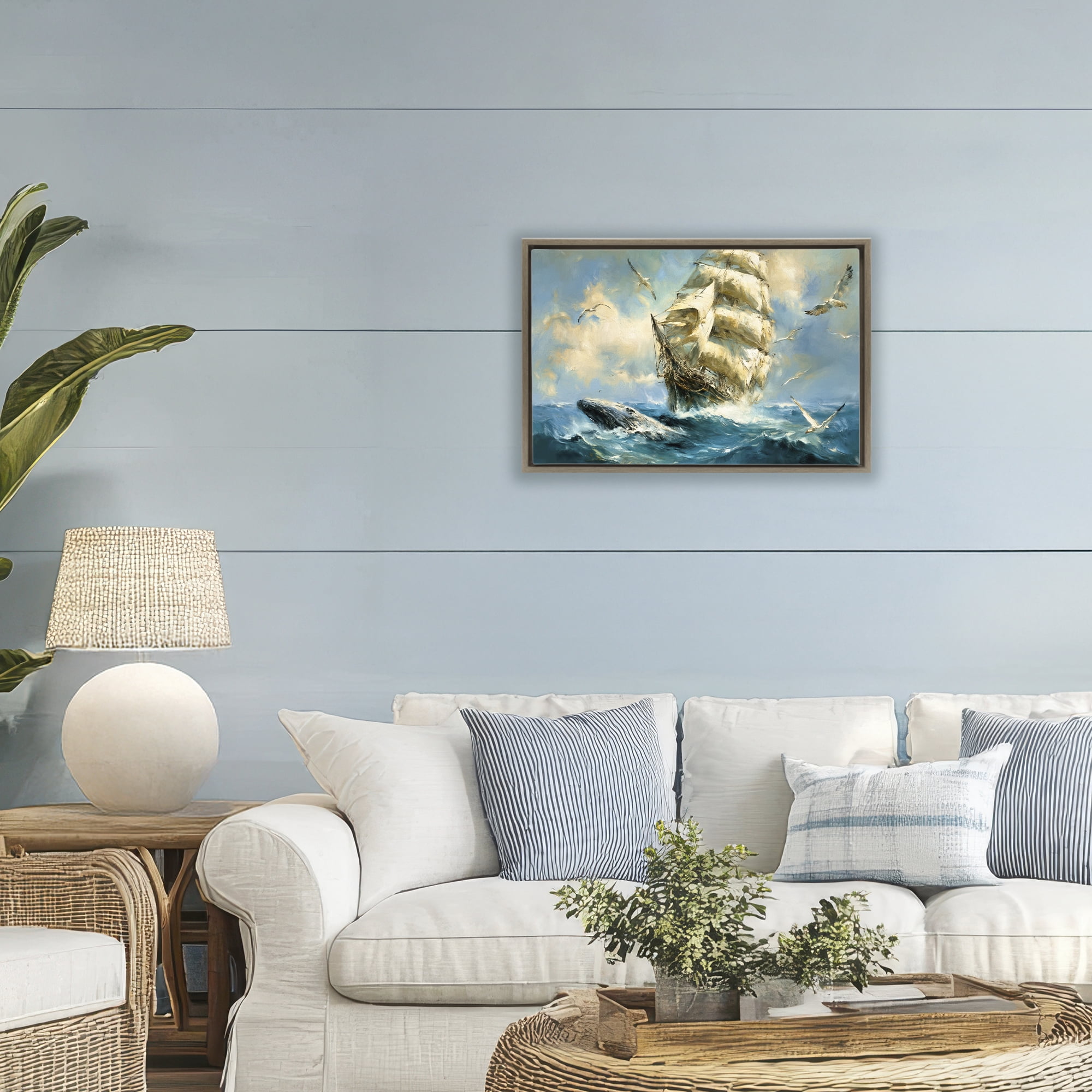 Stupell Industries Clipper Ship & The Whale Brown Framed Floater Canvas Wall Art, design by Tina LeCour
