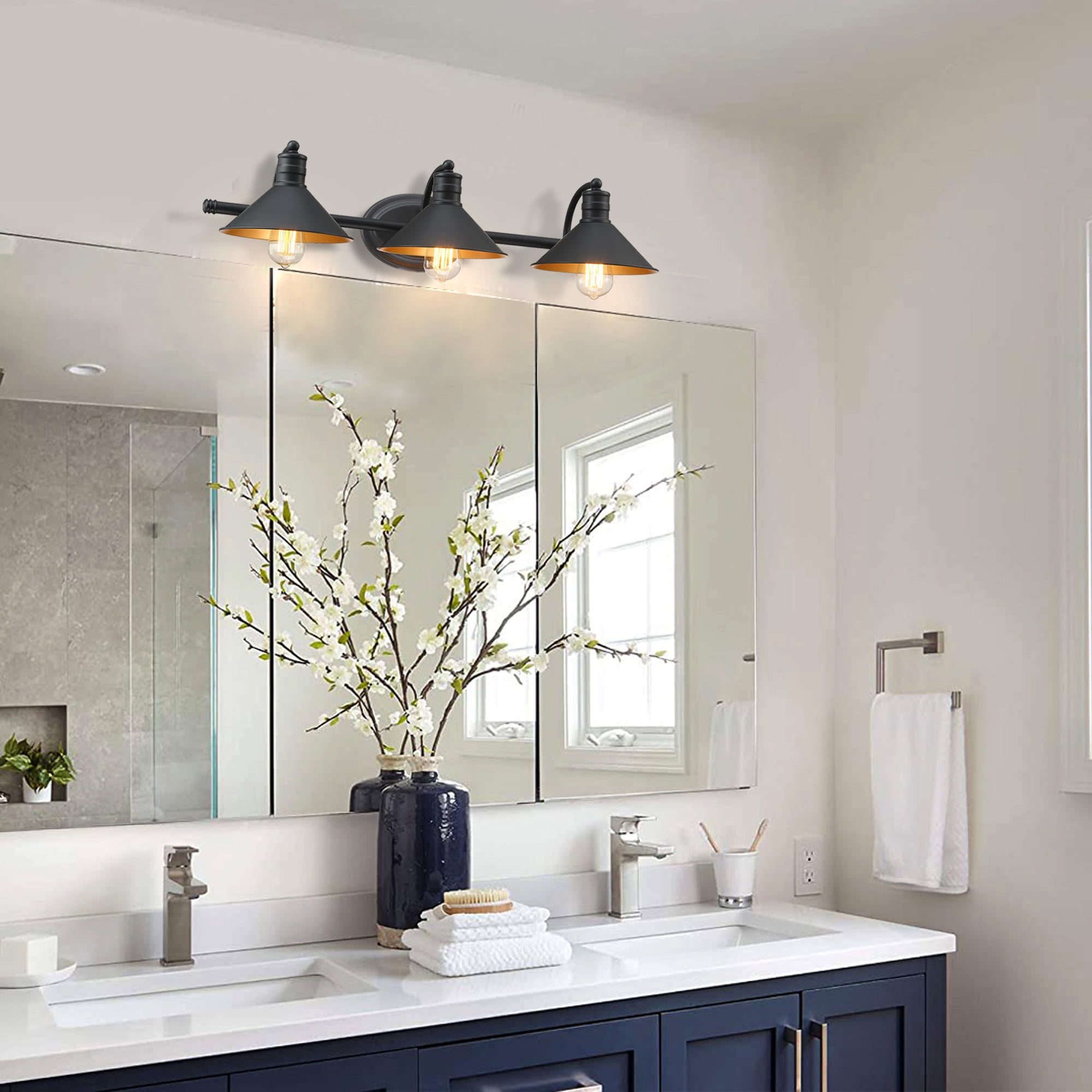 3 Light Bathroom Lights over Mirror Black and Gold Industrial Vanity Light Fixtures