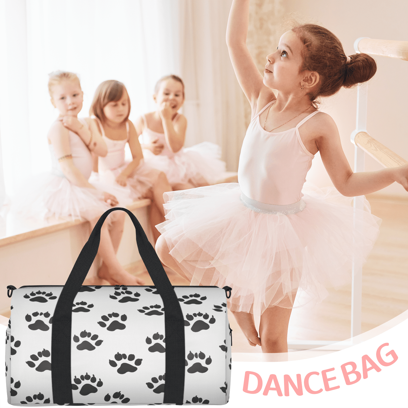 Herdesigns Paw Print Travel Duffle Bag Sports Yoga Weekender Overnight Carry on Workout Bags Lightweight Waterproof Gym Tote Bag for Women Black White Animal Print
