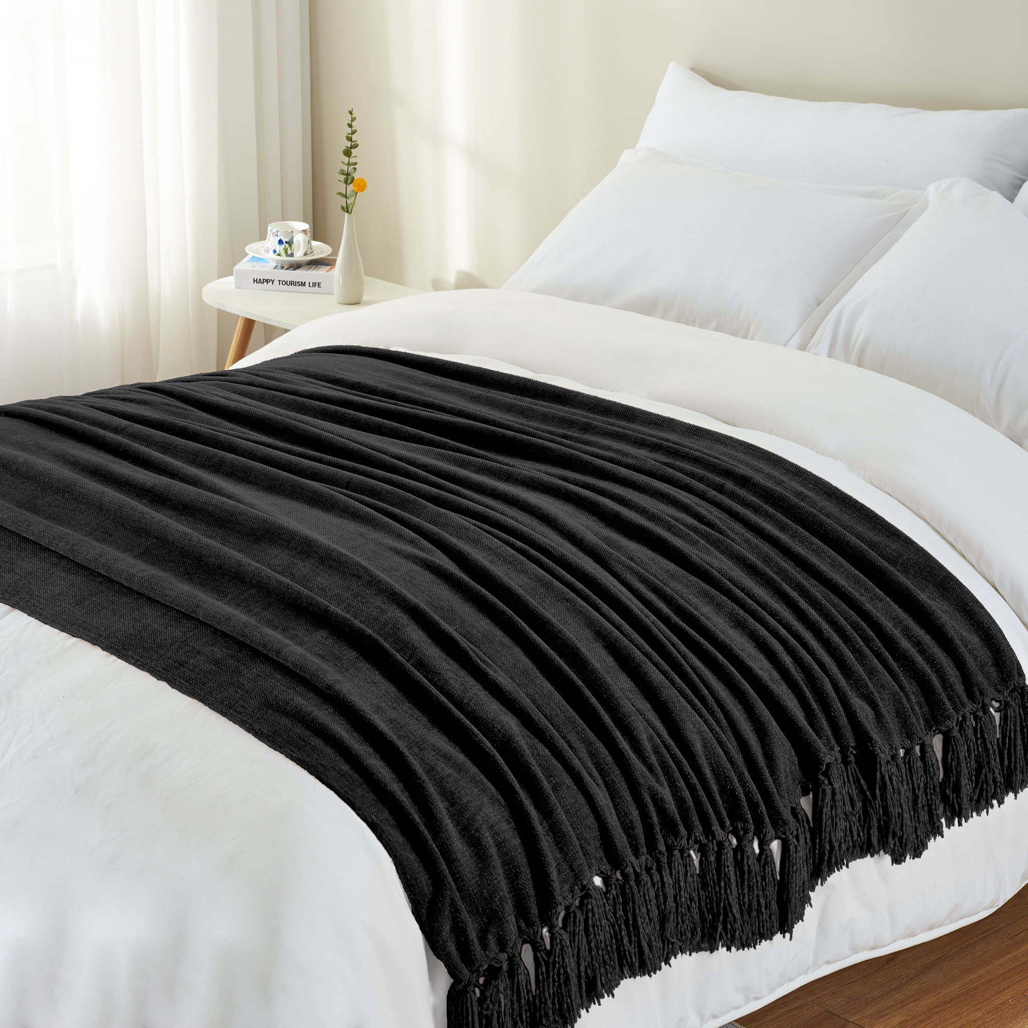 LONG CREATE Chenille Throw Blanket with Fringe Tassel for Couch Sofa Chair Bed, Black 50" x 70"