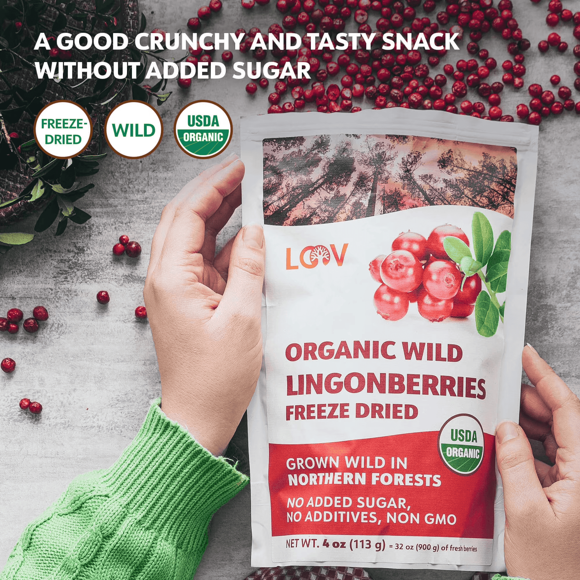 LOOV Freeze Dried Organic Wild Lingonberries, 23-Day Supply, No Sugar Added, Tart Berry Flavor