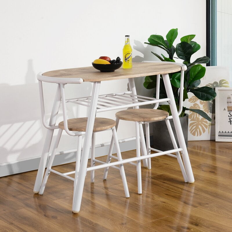 Private Jungle Dining Set Compact 2 Chairs and Table Set with Metal Frame and Shelf Storage Bistro Pub Breakfast Space Saving - oak & white Private Jungle Dining Set Compact 2 Chairs and Table Set with Metal Frame and Shelf Storage Bistro Pub Breakfast Space Saving - oak & white