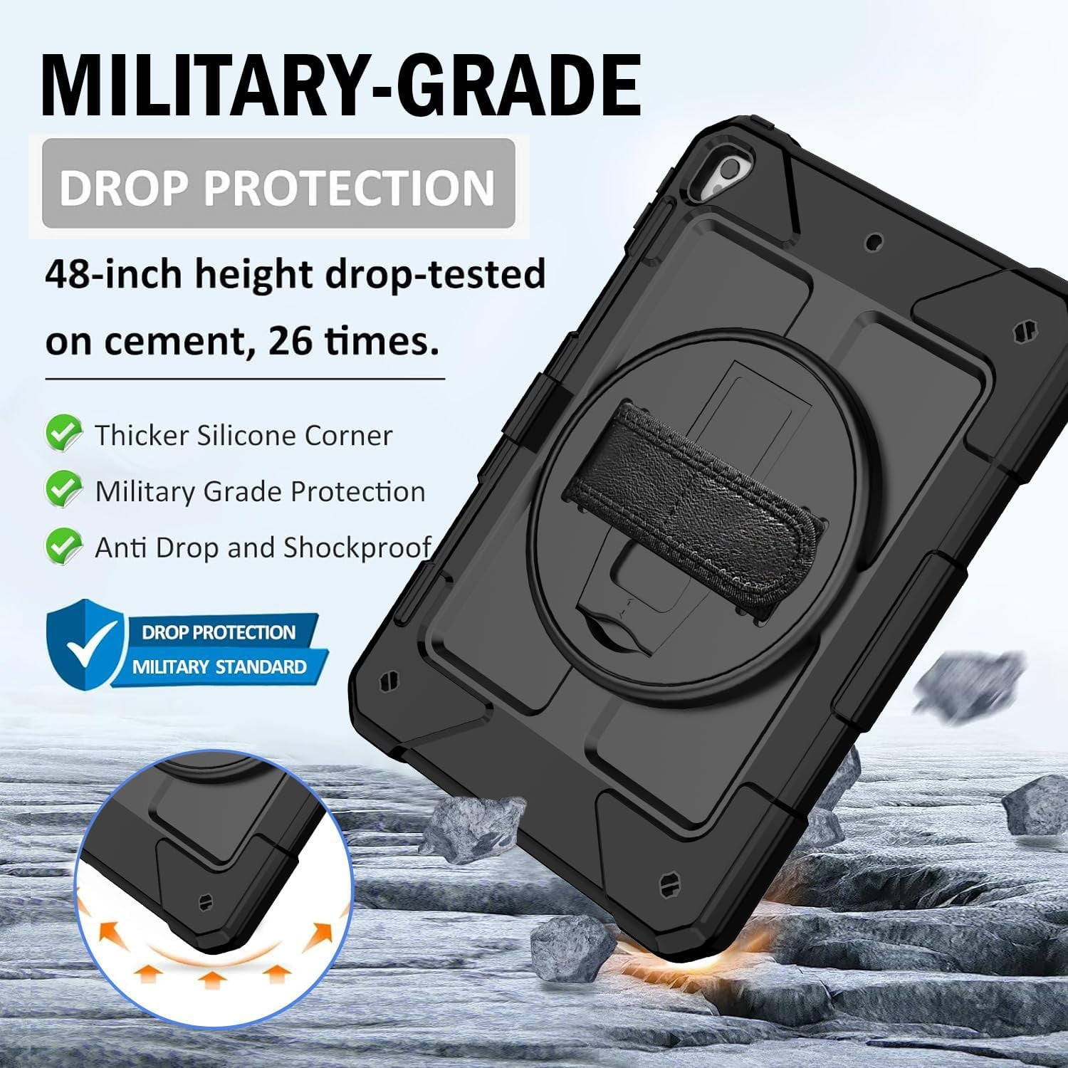 SUPNICE iPad 6th/5th Generation Case, iPad Air 2 Case, iPad 9.7 Case 2018/2017,iPad 9.7 Pro Case,Shockproof [360 Rotating Stand][Hand Strap][Pencil Holder] Case, Black
