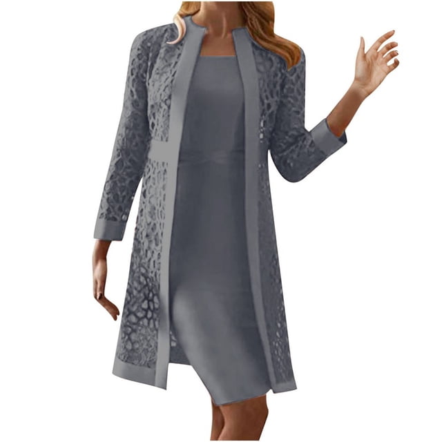 JUNWELL Robe Deux Pièces pour Mère de la Mariée Élégante Moulante Formelle Robe d'Invitée de Mariage Décontractée à Découpes Cardigan Moulant Robe Midi Ensembles