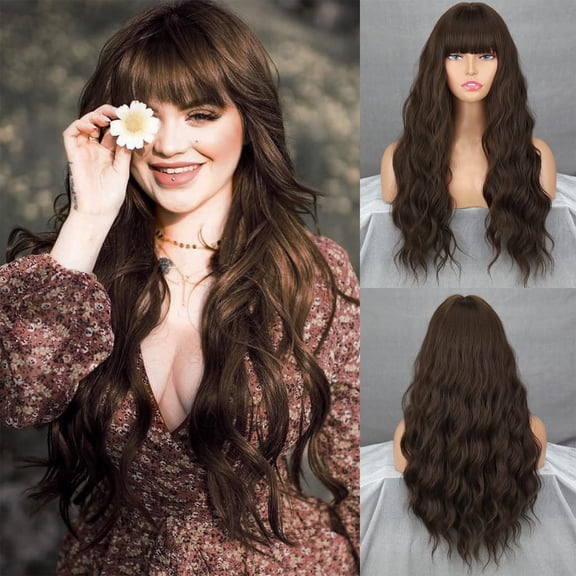 Kokovifyves 25.59"Long Curly Wig with Bangs for Women Synthetic Natural Wig Daily Wear Party and Cosplay Coffee