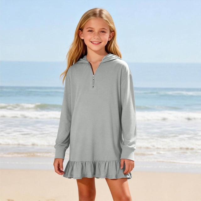 NTACZA Robes Filles Manches Longues Mignonnes Robe Sweat à Capuche Ourlet à Volants Fermeture à Glissière 1/4 Robe Mini pour Adolescente 4 Ans