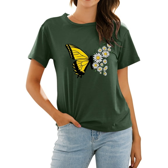 NFTOEIULA Women Butterfly Daisy Graphic Crew Neck Short Sleeve T-Shirt