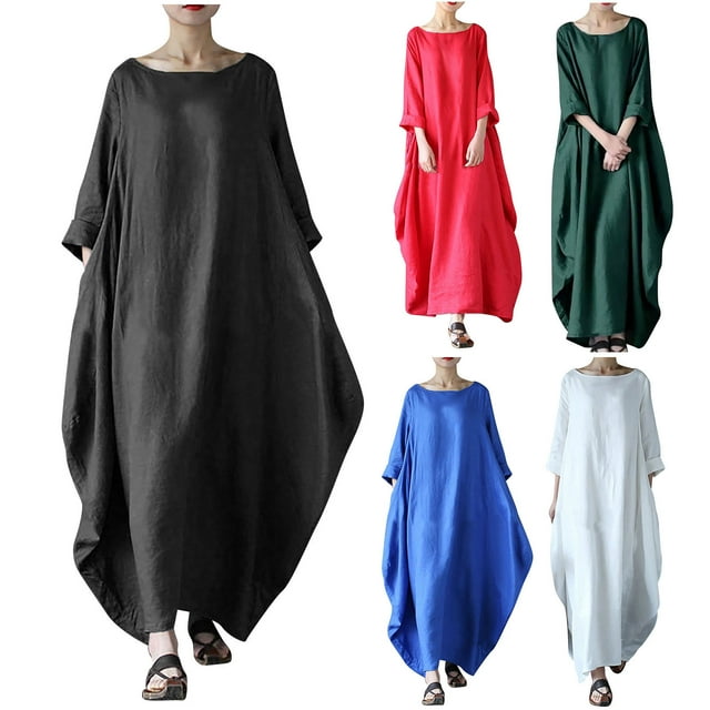 CEHVOM Robes Maxi en Coton pour Femmes Grande Taille, Robe Maxi Surdimensionnée à Col Bateau Manches 3/4, Robes d'Été Décontractées en Coton Lin Amples Unies pour Femmes 2024