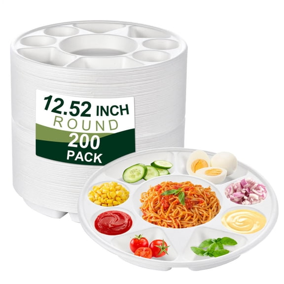 200 Pack Compostable 9 Compartment Plates, Heavy-Duty Disposable Biodegradable Paper Plates, 12.5 inch Divided Plates for Dinner