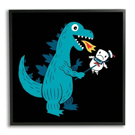 Stupell Industries Cartoon Dragon Breathing Fire Marshmallow Man Framed Wall Art, 17 x 30, Design by Michael Buxton