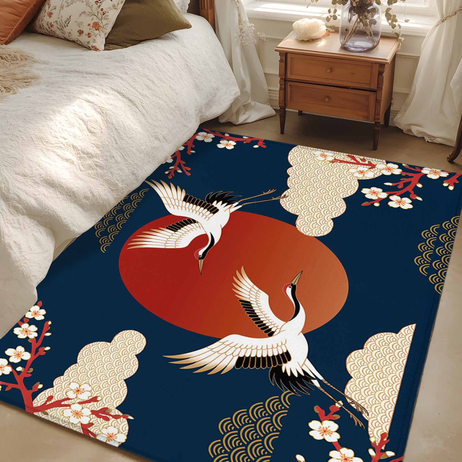 Japanese Style Area Rugs Collection 4'x6', Modern Cranes Cherry Flower Wave Navy Blue Non Slip Indoor Rectangle Throw Runner Rug Floor Mat Carpet for Living Room Dining Table Bedroom Nursery