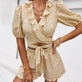 thumbnail image 4 of Conjunto de 2 piezas para mujer, cuello en V, manga corta abombada, cintura con lazo, pantalones cortos para el hogar al aire libre, amarillo pálido XL, 4 of 7