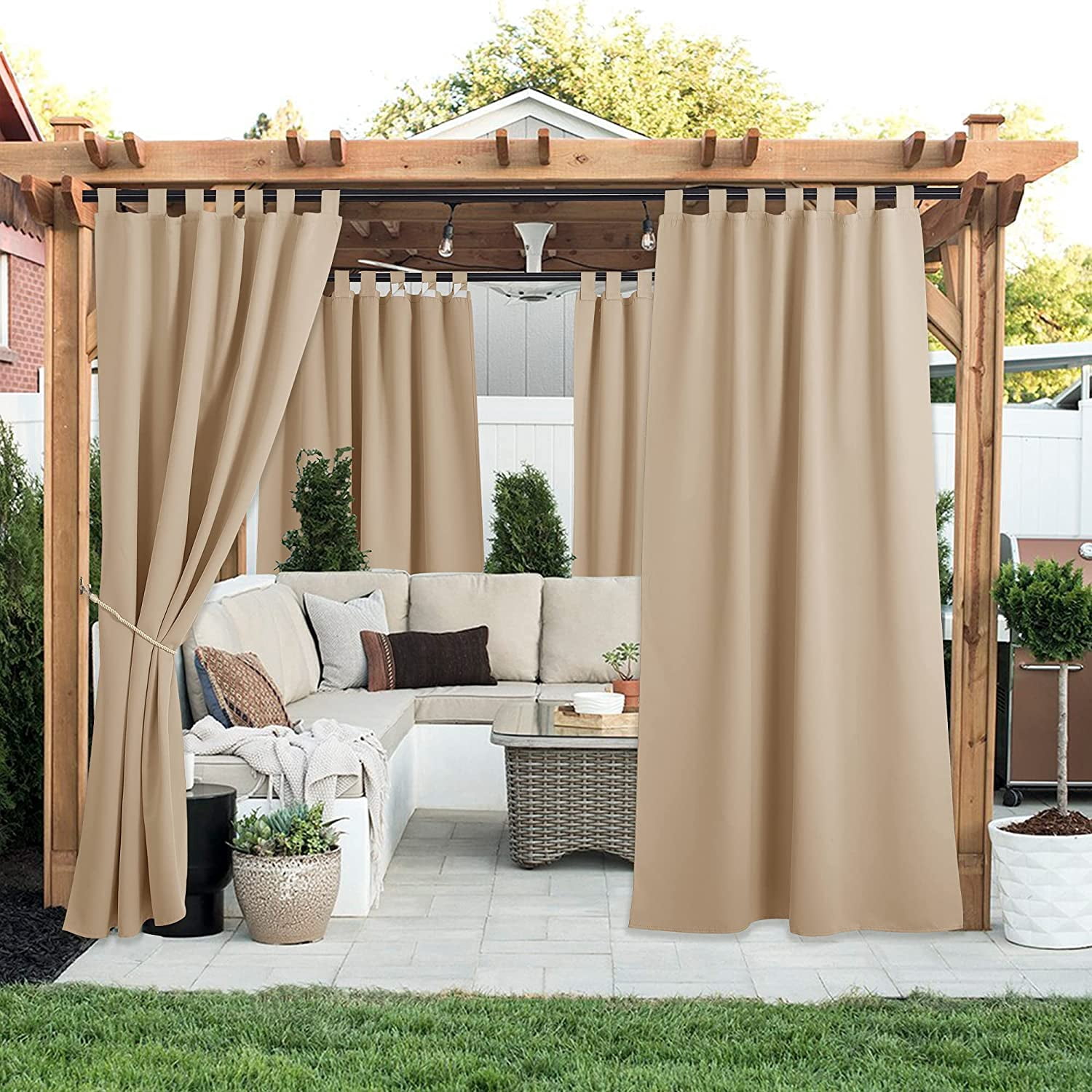 2 Panels Outdoor Curtains for Patio Waterproof 84" Long, Detachable Sticky Tab Top Thermal Insulated Privacy Sun Blocking & UV Protection Drapes for Porch/Pergola, Biscotti Beige, W52 x L84