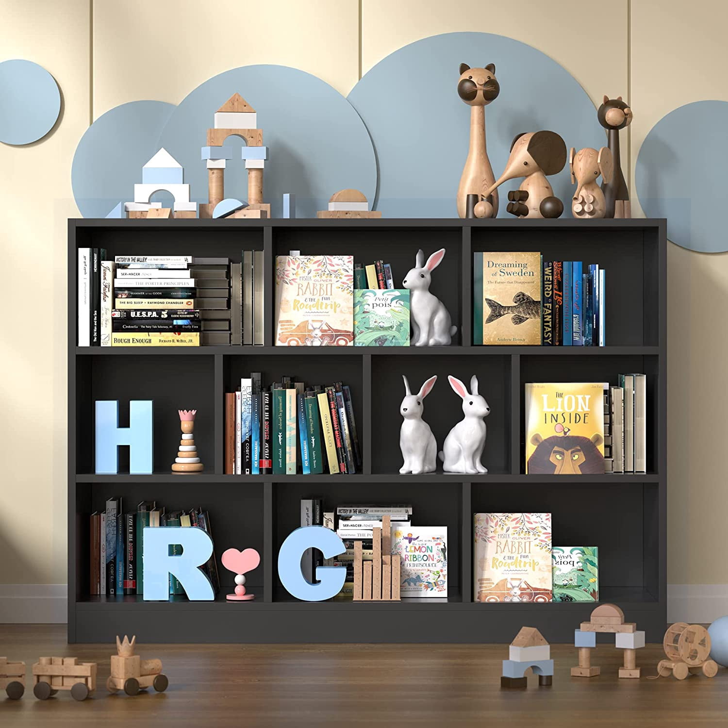 Cozy Castle Wood Bookshelf, 3-Tier Open Shelf Bookcase, 10 Cube Storage Organizer with Anti-Tilt Device for Bedroom, Living Room, 55.12" W x 11.6" D x 40.95" H, Black