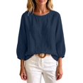 thumbnail image 4 of TGSLY Crew Neck Linen Tops for Women Lightweight Soft Solid Color Crinkle Blouses Relaxed Dressy 3/4 Balloon Sleeve Tshirts with Elastic Cuffs M, 4 of 6
