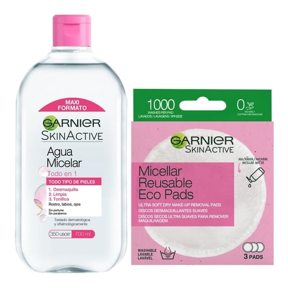 Kit Garnier Skin Active Micelar Todo en 1 700ml + Ecopads