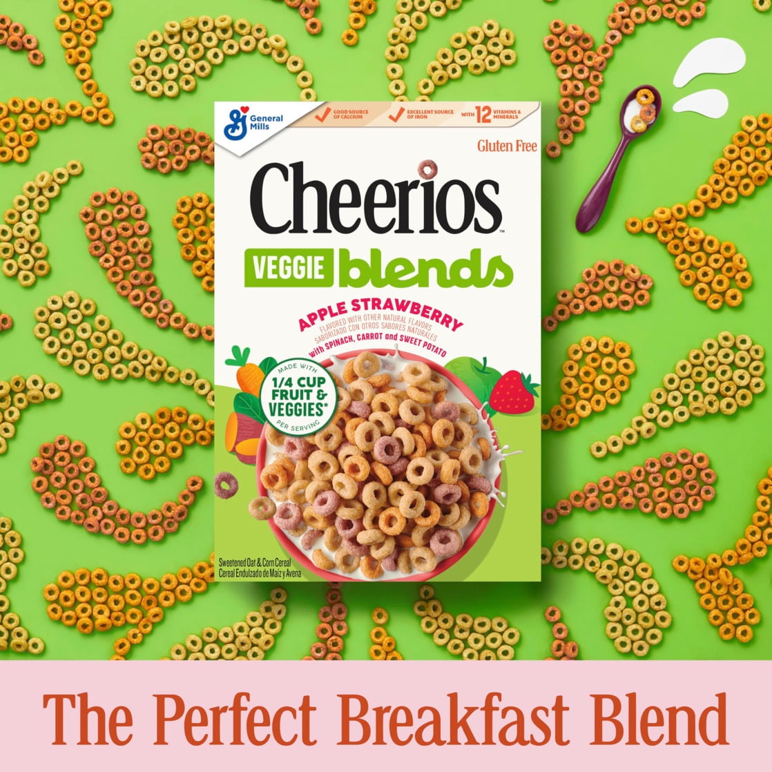 Cheerios Veggie Blends Breakfast Cereal, Apple Strawberry, Family Size, 18 oz
