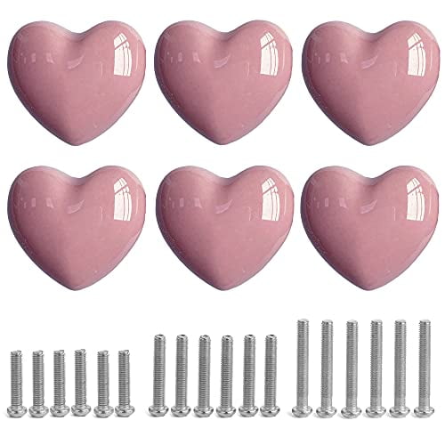 Perphin Ceramic Drawer Knobs Heart Shape Cabinet Dresser Pulls Handles with 3 Sized Screws, Kitchen Furniture Knobs for Closet Cupboard Wardrobe (6, Pink)