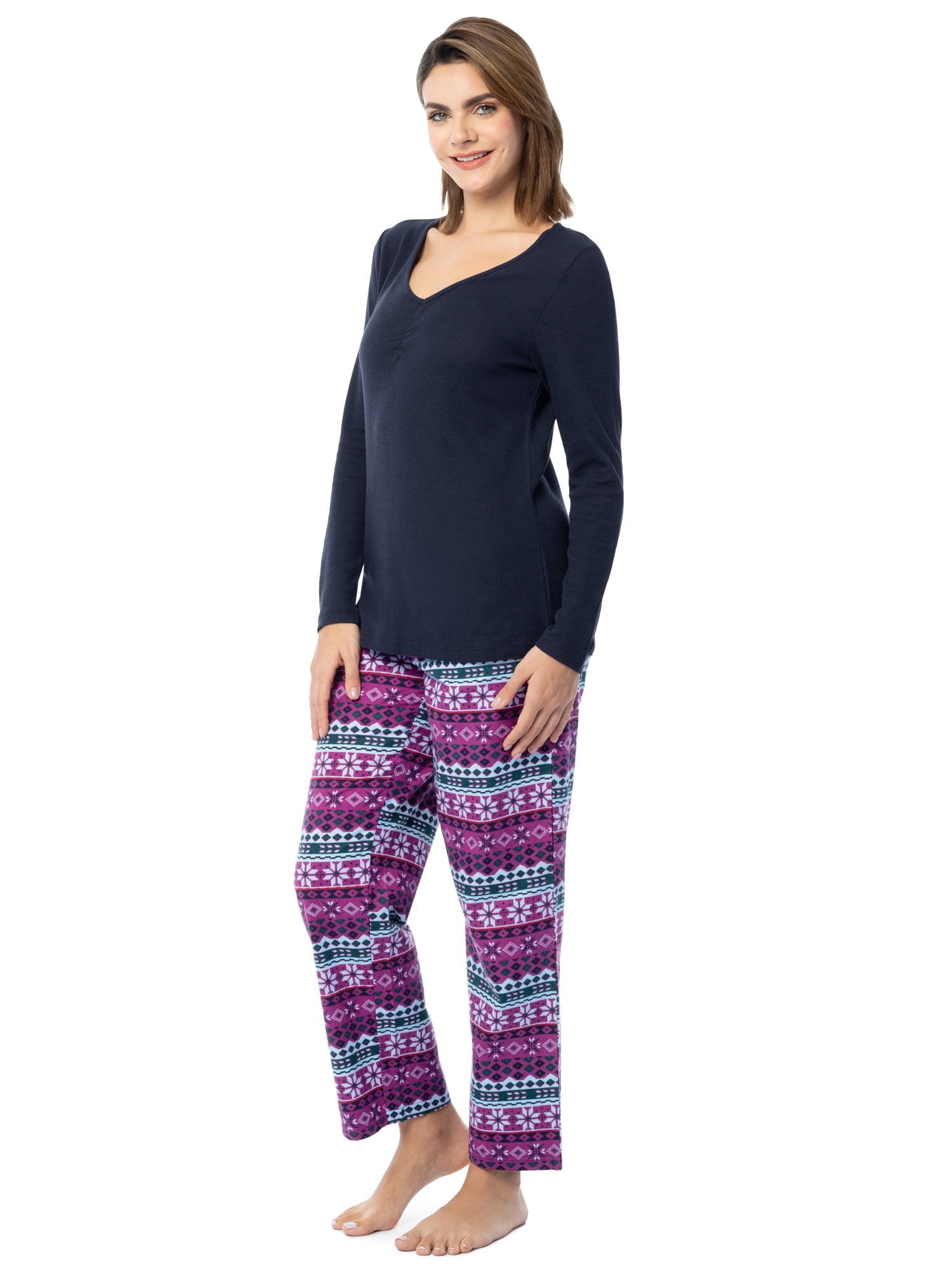 Fruit of the Loom Women's Beyond Soft Long Sleeve Waffle Top and Flannel Bottom Pajama Set, Sizes S-4X