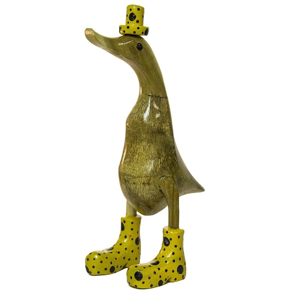 9.5 Inch Hand Painted Wooden Duck Figurine with Brightly Colored Polka Dot Rain Boots