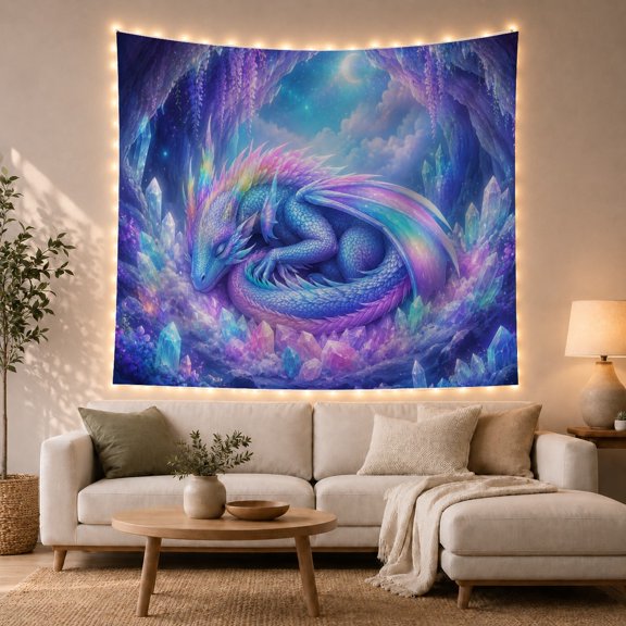 Floral Garden Iridescent with Dragon Curled Fetal Position, Mystical Fantasy for Space Lovers, Galaxy Room Decor, Mother'S Day Gift, Tapestry Wall Hanging for Bedroom and Dorm