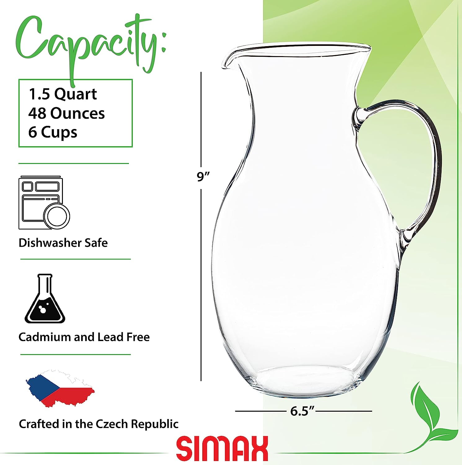 Simax Small Glass Pitcher with Spout Drink Pitcher for Sangria, Juice & Beverages, 1 Quart