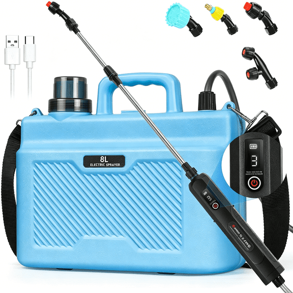 CURYMAY Battery Powered Sprayer 2 Gallon, Electric Garden Sprayer with 3 Speeds Display, 4 Mist Nozzles, Retractable Wand, Shoulder Strap for Lawn Yard