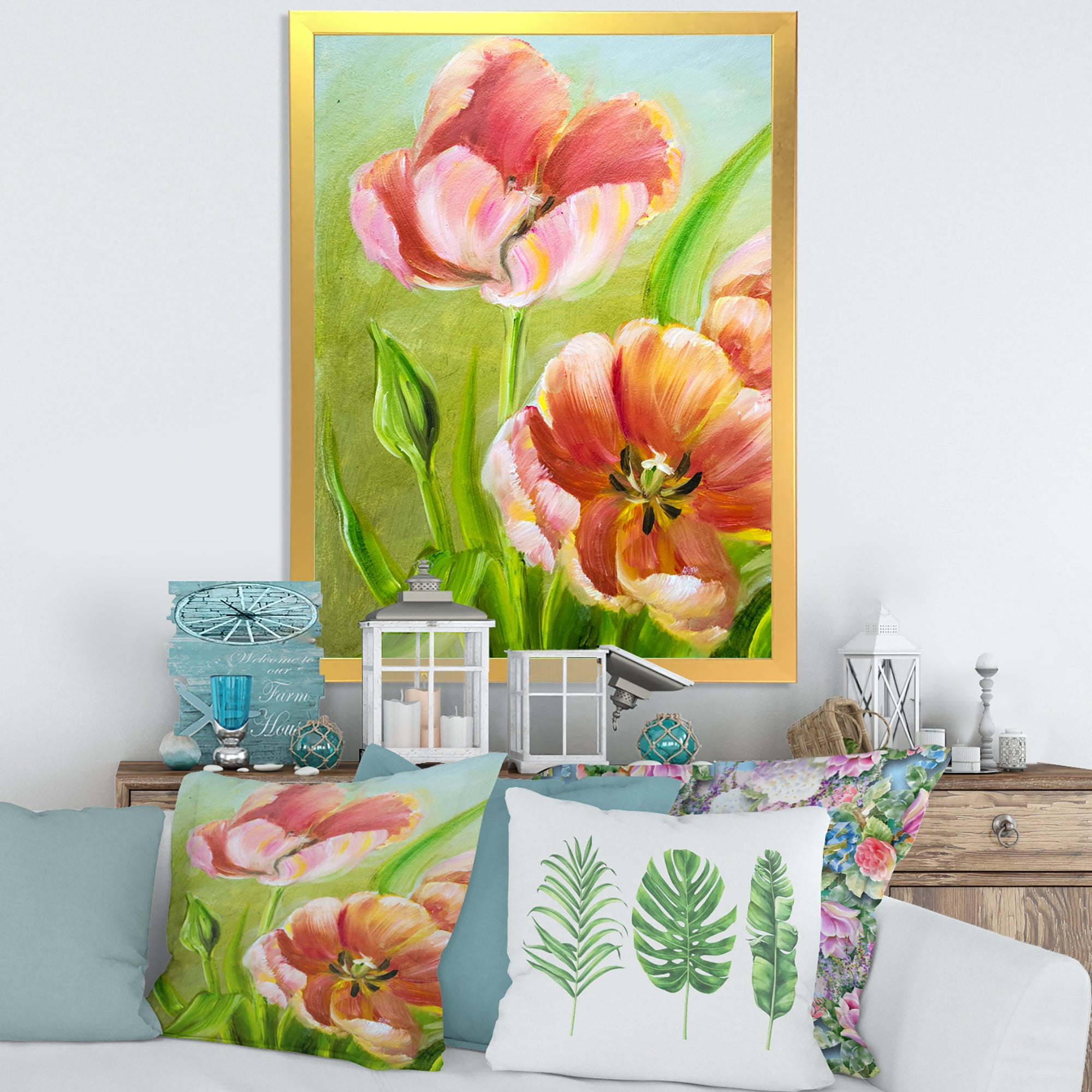Designart 'Ancient Red Tulips Flowers III' Traditional Framed Art Print