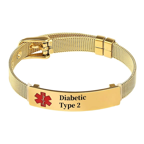 Metaljc Stainless Steel Medical Alert ID Bracelet for Men Women, Engraving Diabetic Type 2, Gold