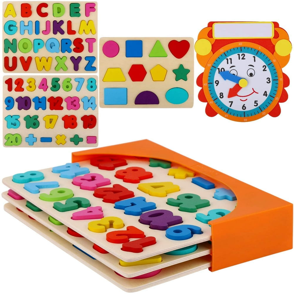 Wooden Peg Puzzles for Toddlers (Pack of 3 with Learning Clock