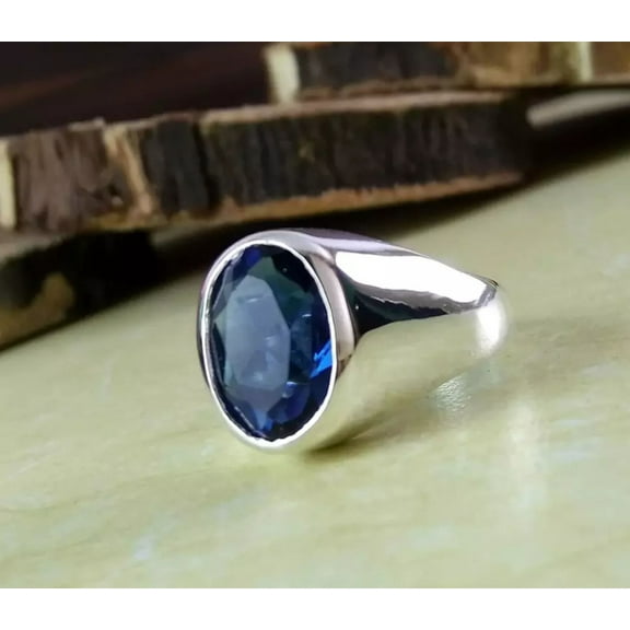 ClassicGems 4.00 CT Oval Cut Lab Created Blue Sapphire 14K White Gold Plated 925 Sterling Silver Men's Solitaire Ring