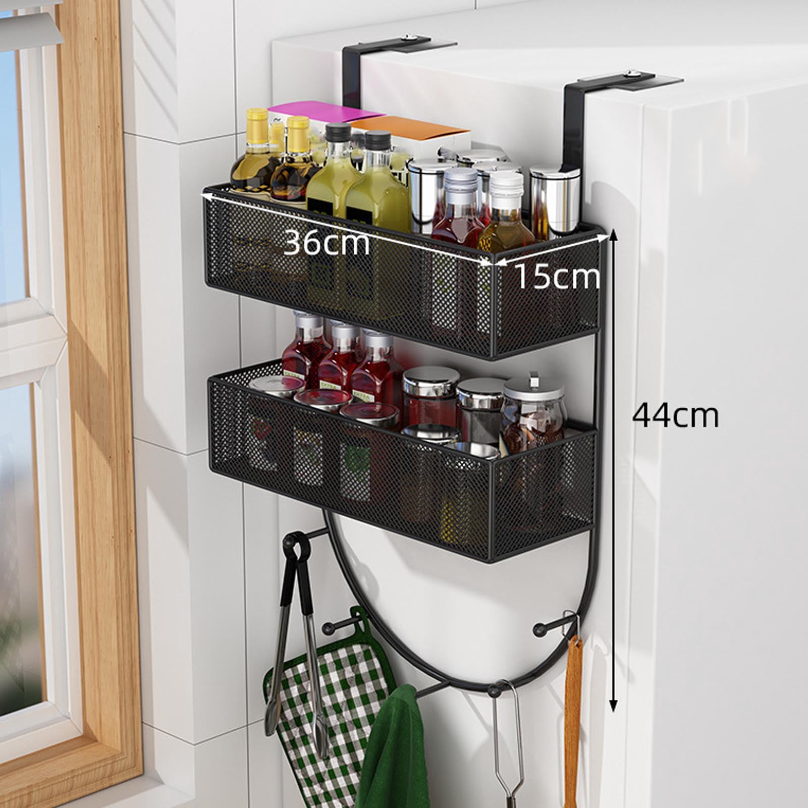 BIMZUC Fridge Side Hanging Rack 2 Tier Seasoning Storage Organizer Shelf with Hooks for Kitchen Black (14.2 x 5.9 in / 36 x 15 cm)
