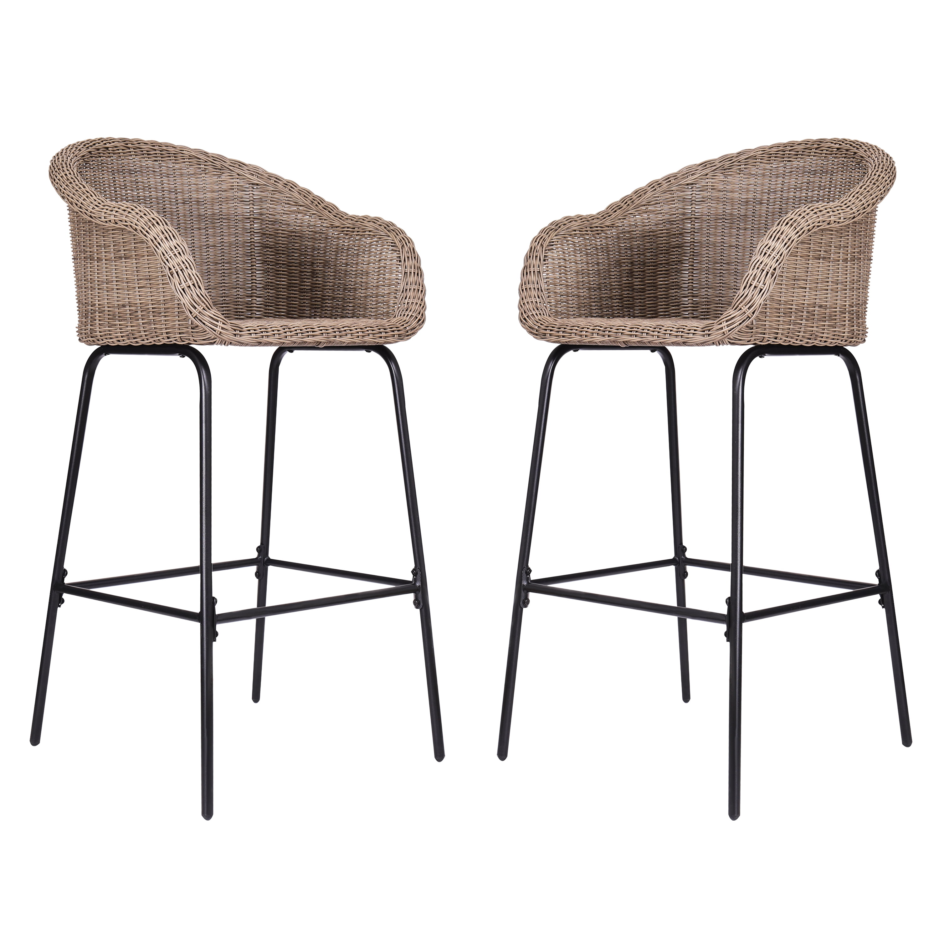 Outdoor Metal Wicker Barstool, Light Brown Faux Wicker, Set of 2