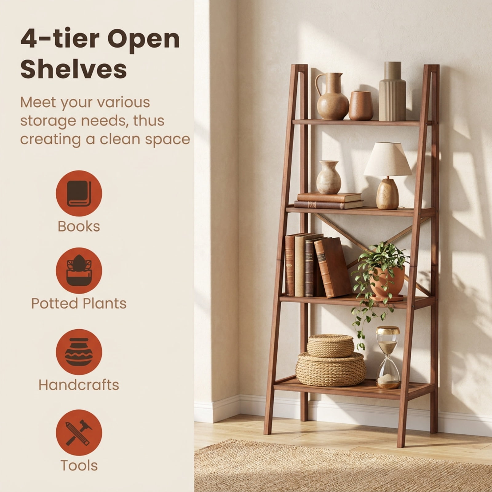 Furnibear 58 Inch 4-Tier Bamboo Ladder Bookshelf for Living Room Home Office Bedroom Display Storage Shelf, Walnut