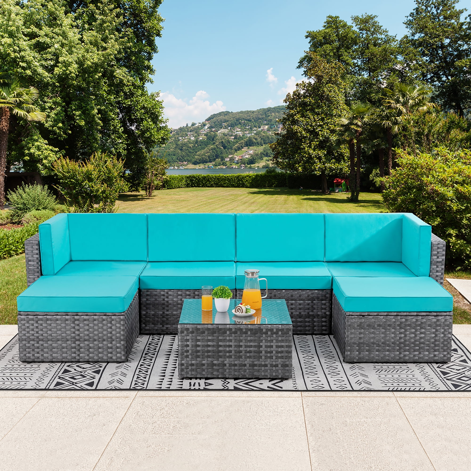Aegean Blue Walsunny 7pcs Patio Outdoor Furniture Sets,Low Back All-Weather Rattan Sectional Sofa with Tea Table&Washable Couch Cushions&Ottoman 