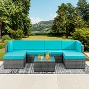 Walsunny 7pcs Patio Blue Outdoor Furniture Silver Gray Rattan Sectional Khaki Sectional Sofa