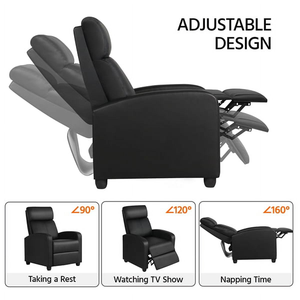 Alden Design Faux Leather Push Back Theater Recliner Chair with Footrest for Livingroom, Black