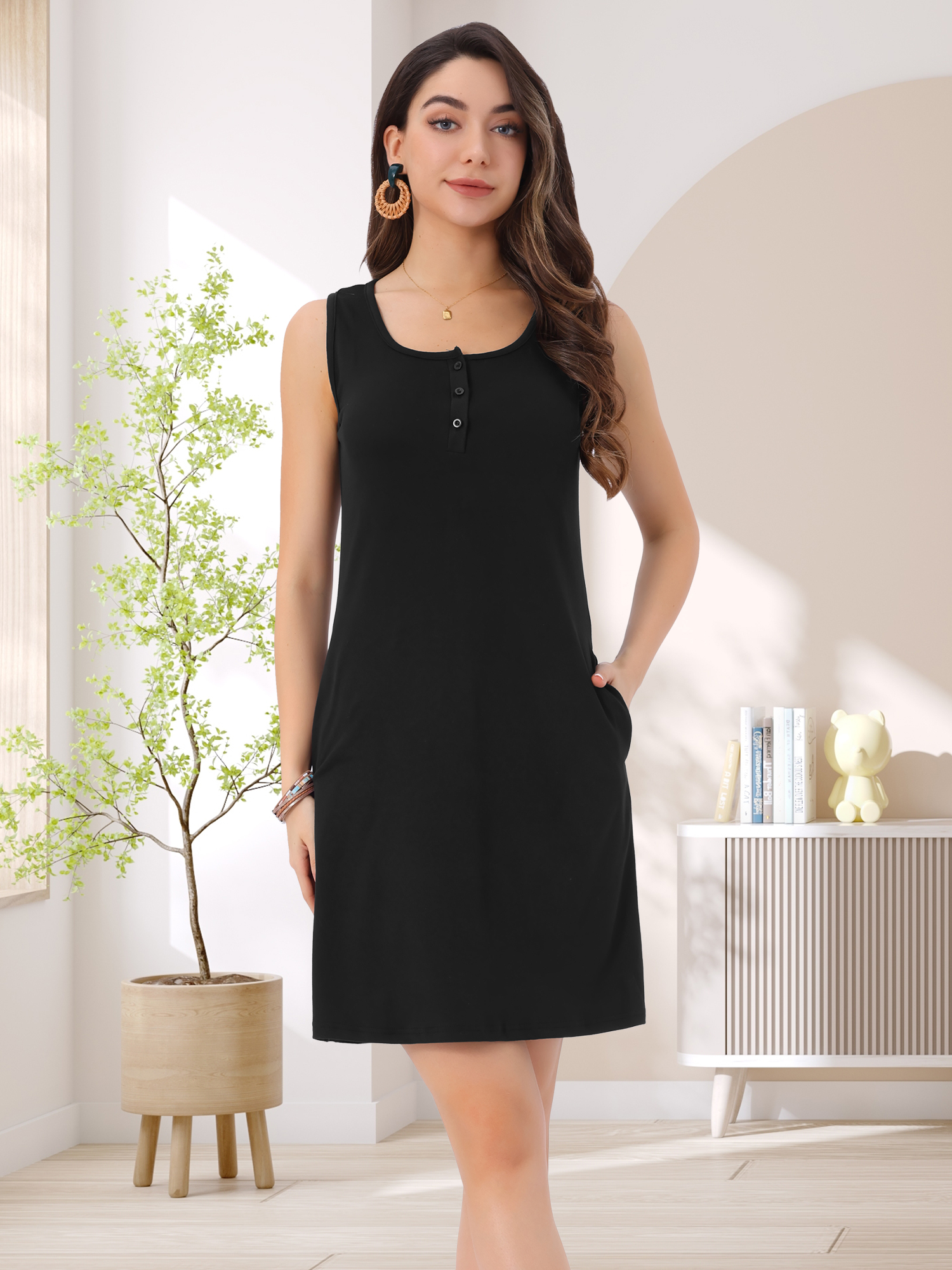 DARING DIVA Sleeveless U Neck Button Down Tank Dress L Black