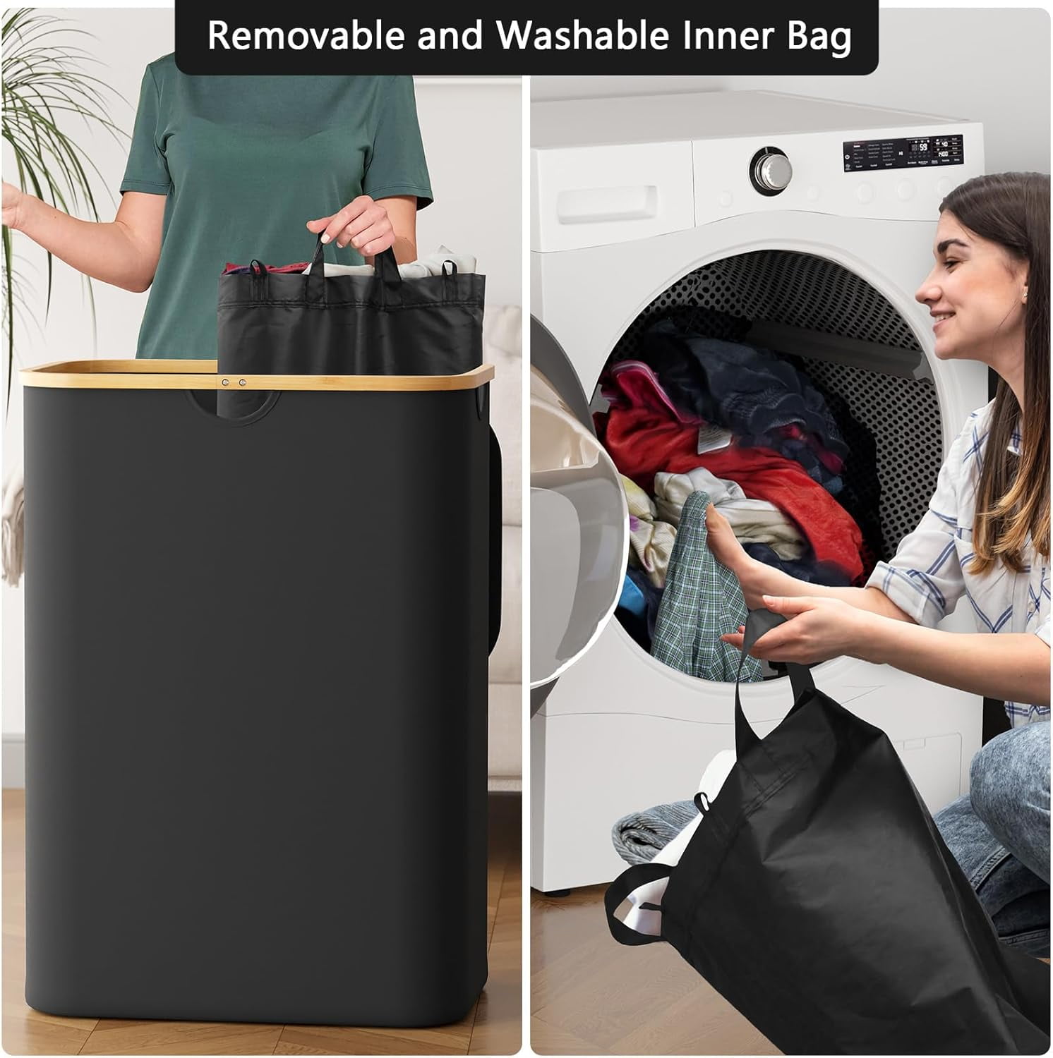 SpaceAid Double Laundry Hamper 2 Section with Lid and Removable Laundry Bags, 160L Clothes Basket, Black