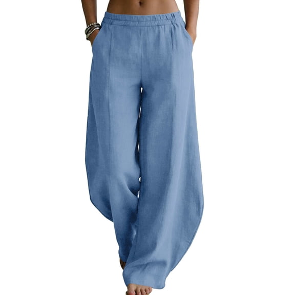 Babcutegg Womens Linen Pants Cotton Linen Soild Color Wide Leg Casual Fashion Elastic Waist Summer Clothes for Women Light Blue Size XL