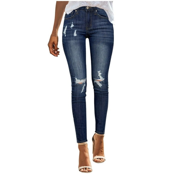 Fjofpr Clothing Ripped Jeans for Women High Waisted Jeans for Women Stretchy Jeans for Women Trendy Slimming Women Mid Waisted Skinny Hole Button Stretch Slim Pants Calf Length